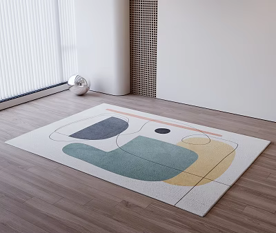 Modern Square Rug With Geometric Patterns Blue Green Yellow On Wooden Floor 3d model