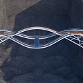 Modern Winding Bridge With Orange Walkway And White Structure In Mountainous Landscape