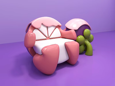 Pink And White Flower Shaped Public Chair With Green Decorative Elements On Purple Background 3d model