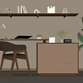 Modern Wooden Desk With White Chair Lamp Drawers And Potted Plant