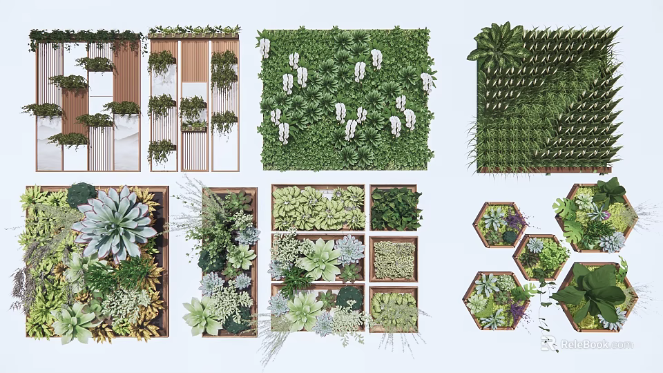 Diverse Living Plant Wall Styles With Various Plant Varieties Wooden Frames And Hexagonal Modules 3d model