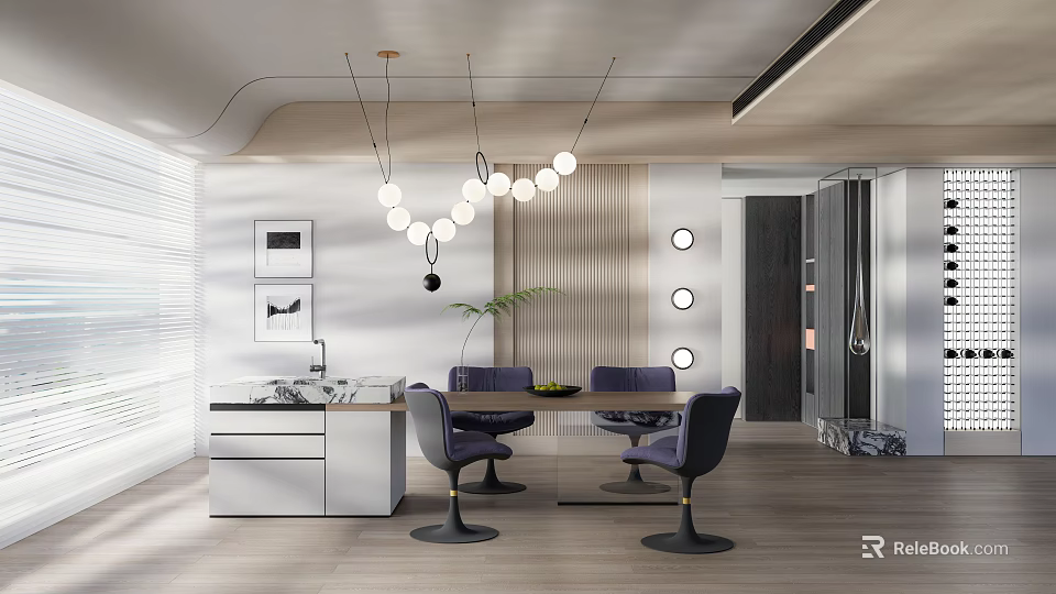 Modern Restaurant Interior Design With Dining Table Chairs Pendant Lights Wall Art And Plant 3d model 