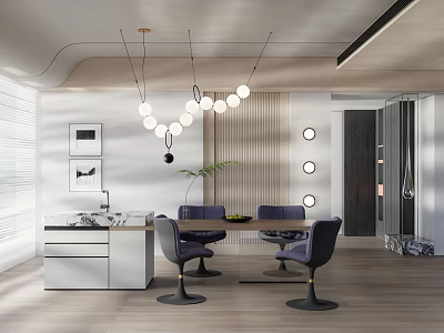 Modern Restaurant Interior Design With Dining Table Chairs Pendant Lights Wall Art And Plant 3d model