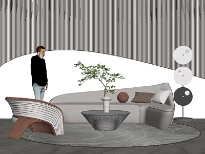 Modern Single Sofa Interior Design With Round Coffee Table Green Plant And Gray Rug 3d model