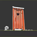 Cartoon Scene With Red Door Black Heart Snow On Top White Sheep On Green Grass