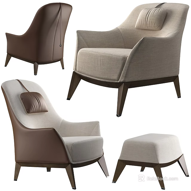 Modern Fabric Armchair With Beige Upholstery Brown Leather Accents And Matching Ottoman 3d model 