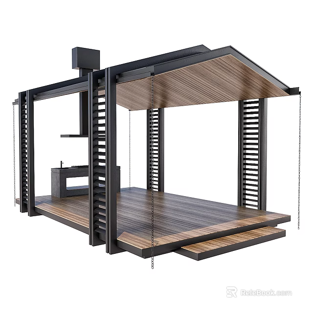 Modern Outdoor Pavilion With Wooden Deck Black Metal Frame Louvered Sides And Hanging Chains 3d model 