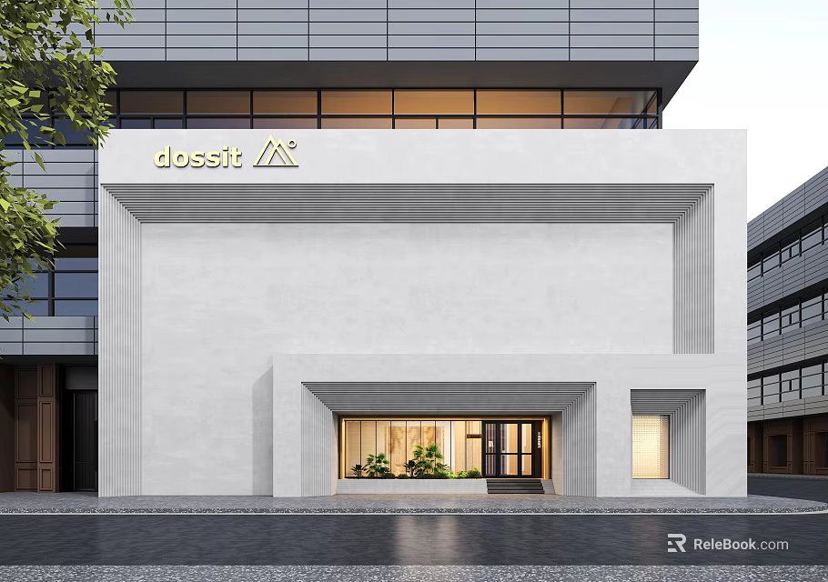 Modern Dessit Storefront Design with White Wall Entrance Door Windows and Plants 3d model 