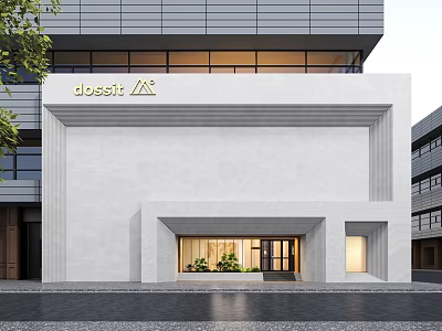 Modern Dessit Storefront Design with White Wall Entrance Door Windows and Plants 3d model