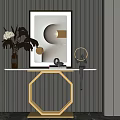 Modern Octagonal Console Table With Framed Artwork Dried Plants And Figurine On Striped Wall 3d model