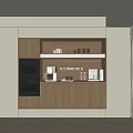 Modern Wooden Sideboard in Kitchen with Ovens Coffee Machine and Shelves Holding Glasses and Books