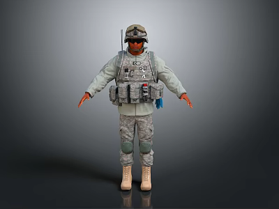 Military Soldier In Camouflage Uniform With Tactical Vest Helmet Tan Boots Against Gray Backdrop 3d model