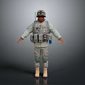 Military Soldier In Camouflage Uniform With Tactical Vest Helmet Tan Boots Against Gray Backdrop