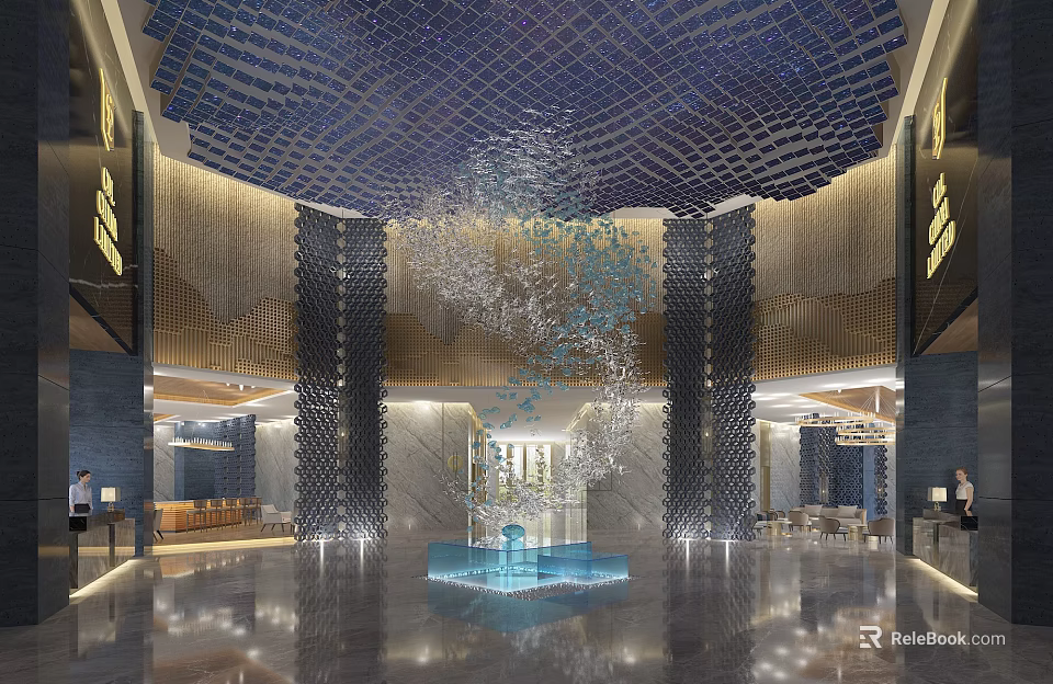 Luxurious Hotel Lobby Interior Design With Artistic Water Sculpture Decorative Columns And Ceiling Lighting 3d model 