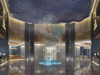 Luxurious Hotel Lobby Interior Design With Artistic Water Sculpture Decorative Columns And Ceiling Lighting 3d model