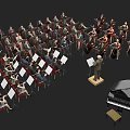 Group Of Orchestra Musicians Performing With Conductor Piano And Sheet Music Stands