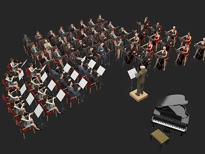 Group Of Orchestra Musicians Performing With Conductor Piano And Sheet Music Stands 3d model