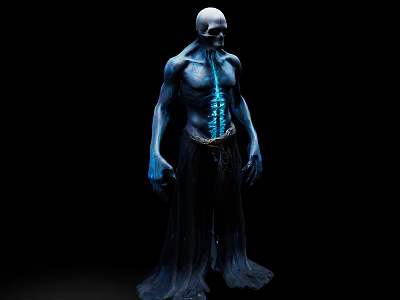 Game Movie Character With Skeleton Head Blue Body Glowing Bones And Dark Robe 3d model