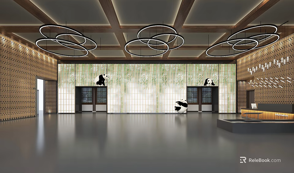 Elegant Modern Store Front Desk With Circular Pendant Lights And Glass Partition 3d model 