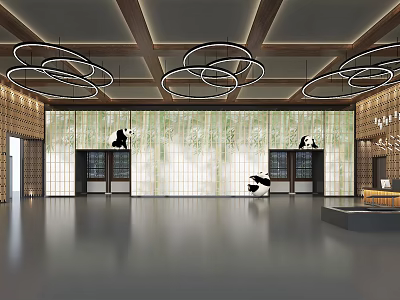 Elegant Modern Store Front Desk With Circular Pendant Lights And Glass Partition 3d model
