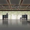 Elegant Modern Store Front Desk With Circular Pendant Lights And Glass Partition