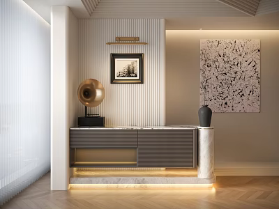 Elegant Modern Sideboard With Marble Countertop Gold Phonograph Ambient Lighting And Wall Artwork 3d model