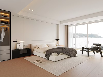 Modern Bedroom Interior With Comfortable Bed Nightstand Wardrobe Large Sea View Window And Area Rug 3d model