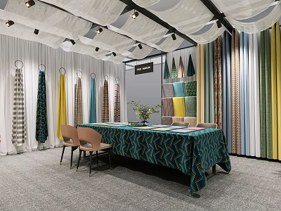 Modern Curtain and Fabric Showroom With Various Colored Fabrics Table Chairs and Plants 3d model