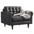 Stylish Black Leather Accent Chair with Tufted Back White Fur Throw and Wooden Legs
