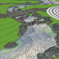 Waterside Landscape With Green Lawn Trees Flowers Stone Paths And Pond Reflection