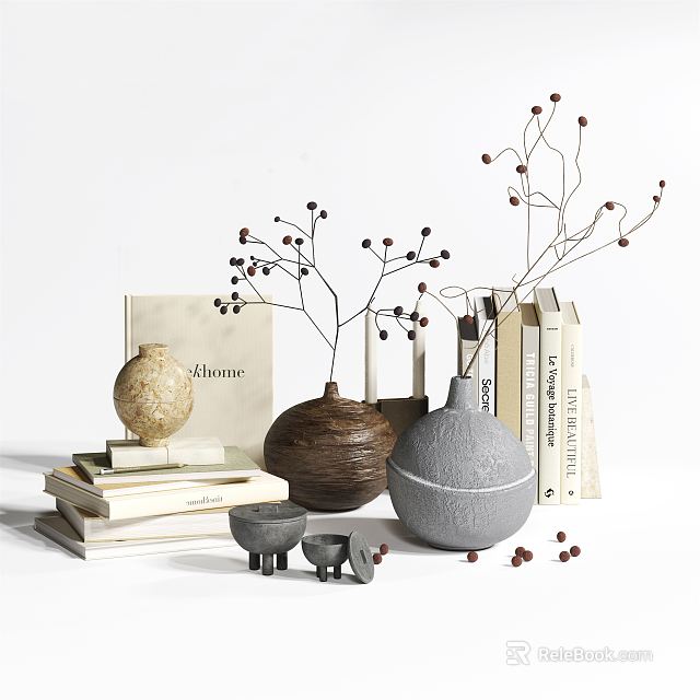 Decorative Ornament Set With Stacked Books Brown Gray Vases And Berry Twigs 3d model 