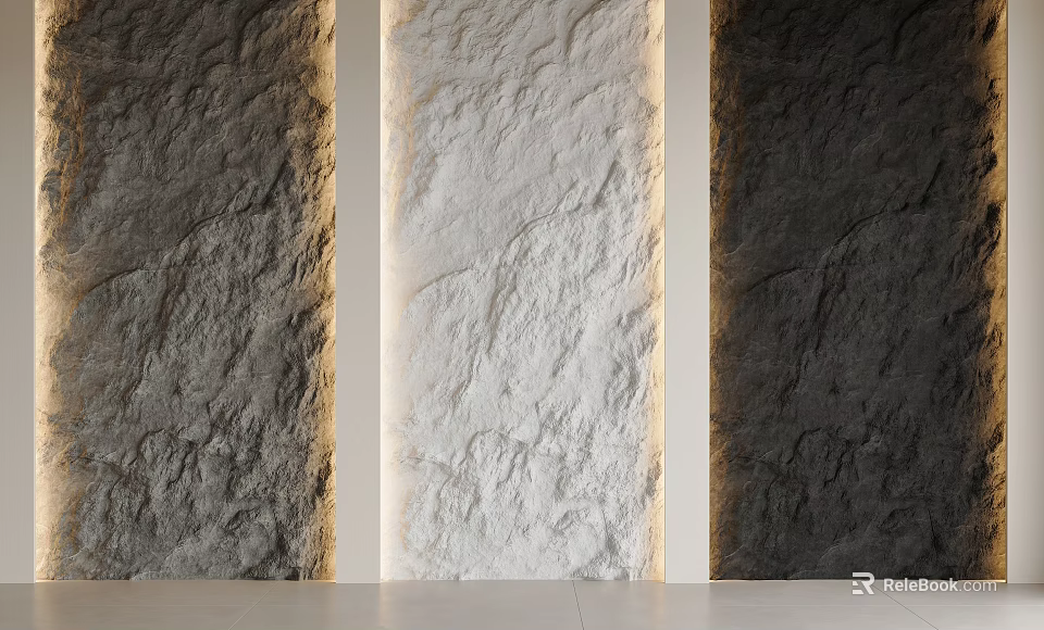 Textured Stone Background Wall With White Center Panel And Dark Side Panels 3d model 