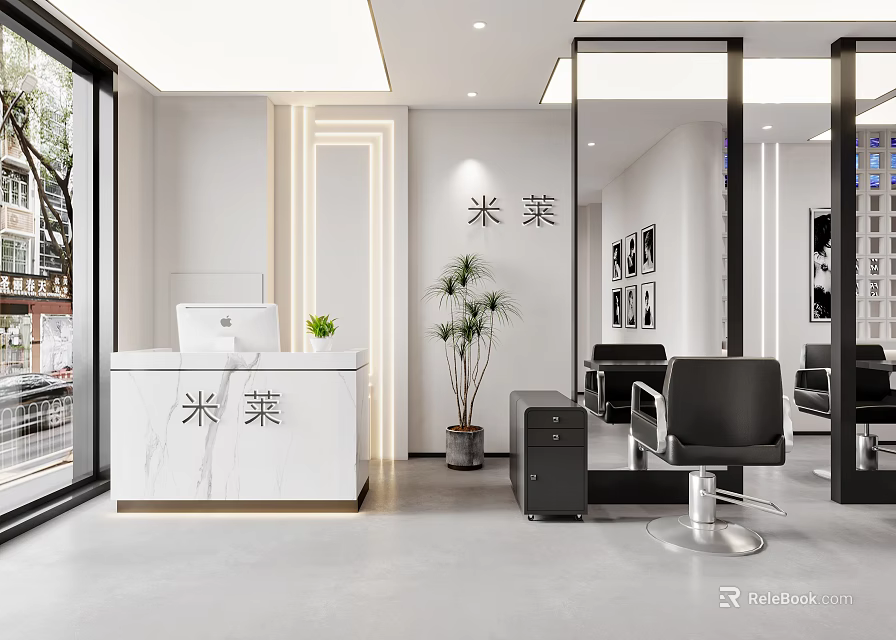 Modern Hair Salon Interior With Marble Reception Desk Black Styling Chairs Mirrors And Green Plants 3d model 