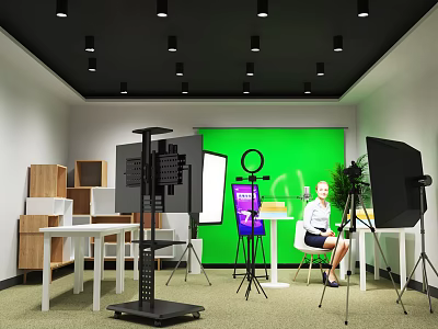 Public Office Space With Green Screen Lighting Equipment Work Tables And Seating 3d model