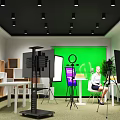 Public Office Space With Green Screen Lighting Equipment Work Tables And Seating