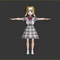 3D Character Yellow Hair Pigtails Plaid Dress Red Bow White Shoes Outstretched Arms Gray Background