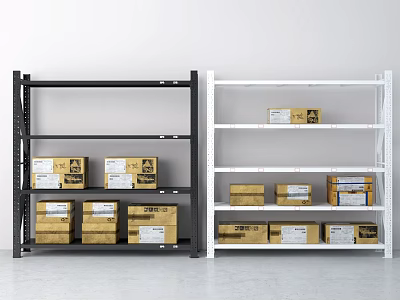 Black and White Display Shelves with Labeled Cardboard Boxes for Storage and Organization 3d model