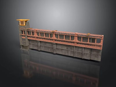 Long Multi Level Building With Yellow Top Railing And Wooden Gray Elements Design 3d model