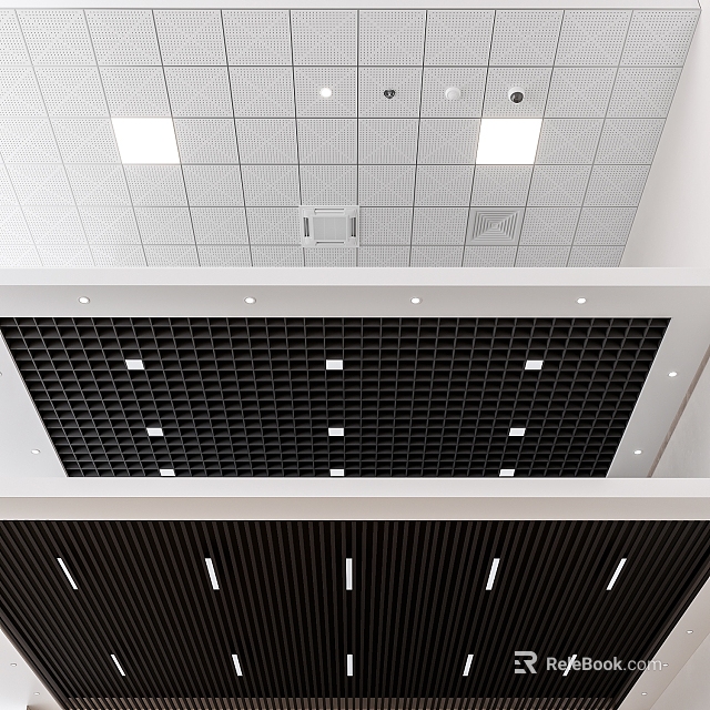 Modern Ceiling Design With White Square Tiles Black Grid And Recessed Strip Lights 3d model 