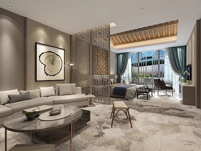 Modern Hotel Room Interior Featuring Sofa Bed Decorative Painting Partition And Large Window 3d model