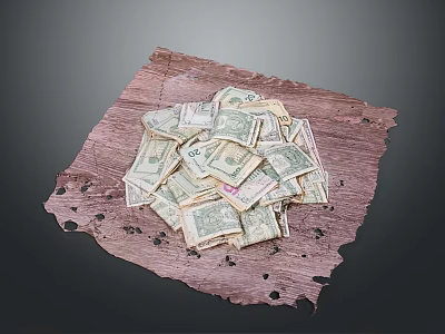 Pile of US Dollars Placed on Worn Wooden Board with Scratches 3d model