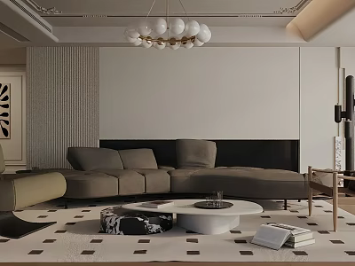 Stylish Neutral Tone Living Room With Large Sectional Sofa Round Coffee Table And Elegant Chandelier 3d model