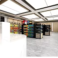 Supermarket Grocery Store Interior With Shelves Displaying Snacks Beverages And Organized Products Near Refrigerator