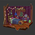Cartoon Room Interior Scene With Wooden Frame Purple Curtains Blue Star Bed And Red Rug