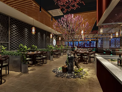 Oriental Style Restaurant Interior With Cherry Blossom Tree Wooden Ceiling Lantern Lights And Green Plants 3d model