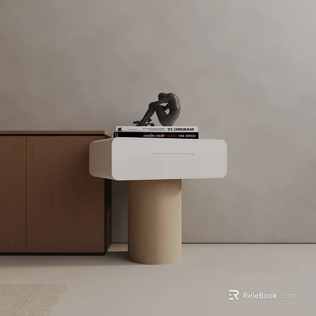 Modern Minimalist Side Table With White Top Beige Cylindrical Base Wooden Cabinet Books Sculpture 3d model 