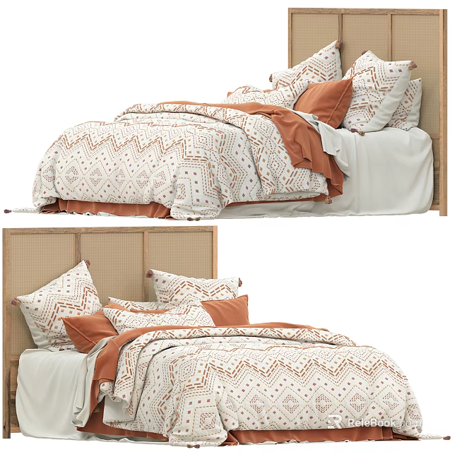 Cozy Double Bed Interior Design With Woven Headboard Beige And Orange Quilt Decorative Pillows 3d model 