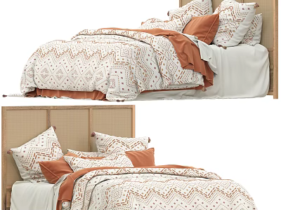 Cozy Double Bed Interior Design With Woven Headboard Beige And Orange Quilt Decorative Pillows 3d model