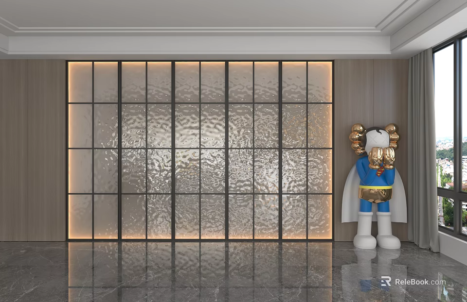Modern Glass Background Wall With Grid Frame Lighting And Wooden Border Sculpture 3d model 