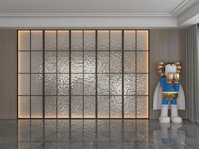 Modern Glass Background Wall With Grid Frame Lighting And Wooden Border Sculpture 3d model